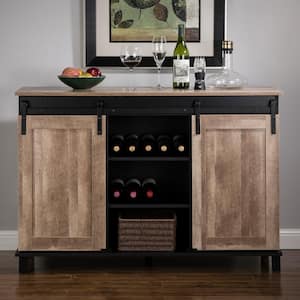 47.20 in. L Modern Industrial Black Wine Cabinet with with Natural Top and Sliding Doors