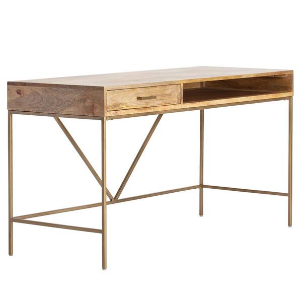 MH LONDON 22 in. Rectangular Gold/Natural 1-Drawer Writing Desk with Shelf