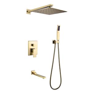 Single Handle 1-Spray Tub and Shower Faucet 1.8 GPM 10 in Wall Mount Shower System Brass in Brushed Gold Valve Included