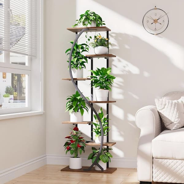 Walnut Plant Stand with Grow Light Indoor, 7-Tiered Metal Plant Shelf, Corner Storage Shelf for Living Room, Patio