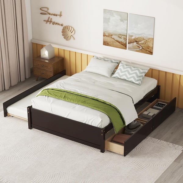 URTR Modern and Simple Espresso 57 in. W Full size Wood Platform Bed Frame with Drawers, Trundle, Wood Slats Bed Frame