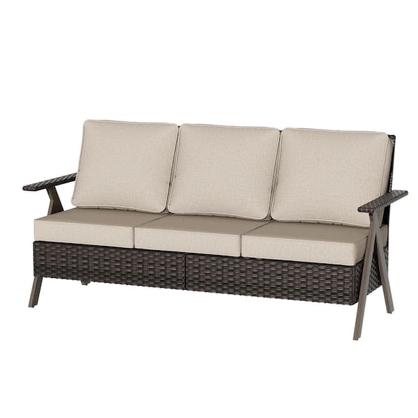 Gardenbee 3-Seat Brown Wicker Outdoor Patio Couch with R-Shaped Armrest and Beige Cushions