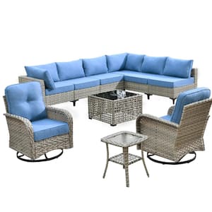 Aquarius 10-Piece Wicker Patio Conversation Seating Sofa Set with Blue Cushions and Swivel Rocking Chairs