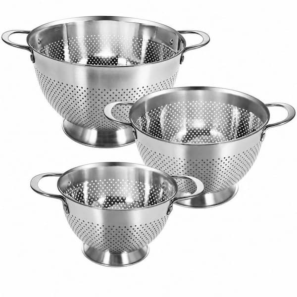 3-Piece Stainless Steel Colander, Durable Rice and Pasta Strainer with Handle, Rust-Resistant and Dishwasher Safe
