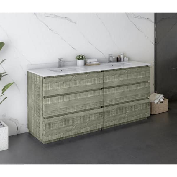 Fresca Formosa 72 in. W x 20 in. D x 35 in. H Bath Vanity in Sage Gray with White Vanity Top with White Double Sinks