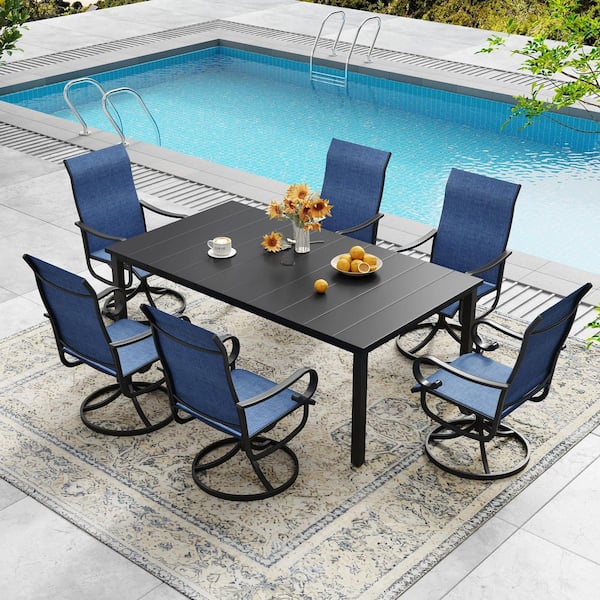7-Piece Metal Outdoor Patio Dining Set with 63 in. Black Rectangle Dining Table and 6-Blue Textilene Swivel Chairs