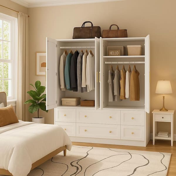 White Wood 63 in. W 4-Door Large Wardrobe Armoires with Hanging Rod, 4 Drawers, 70.9 in. H x 19.7 in. D