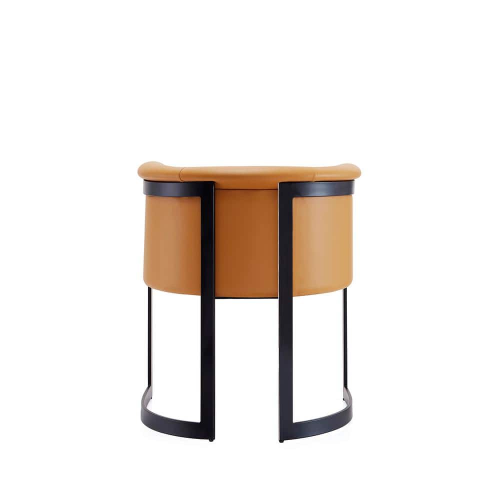 Tan Faux Leather Barrel Dining Chair with Black Metal Frame
