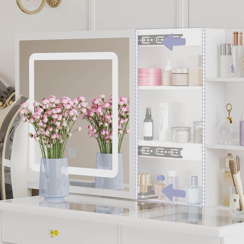 White Makeup Vanity Set Dressing Desk with Glass Top, Sliding LED Lighted Mirror, Drawers, Storage Shelves and Stool - thumbnail 7