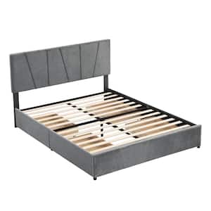 Gray Wood Frame Queen Size Upholstery Platform Bed with 4-Drawers and Adjustable Headboard