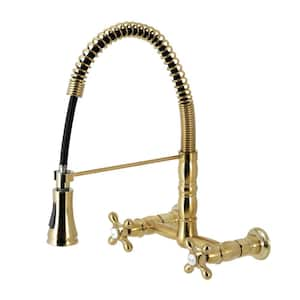 Heritage 2-Handle Wall Mount Pull Down Sprayer Kitchen Faucet in Brushed Brass