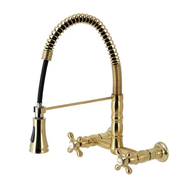 Kingston Brass Heritage 2-Handle Wall Mount Pull Down Sprayer Kitchen Faucet in Brushed Brass