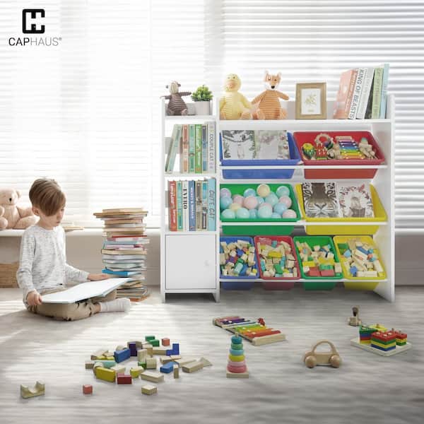 White Wood Kids Storage Cabinet with 8 Multi-Color Plastic Bins