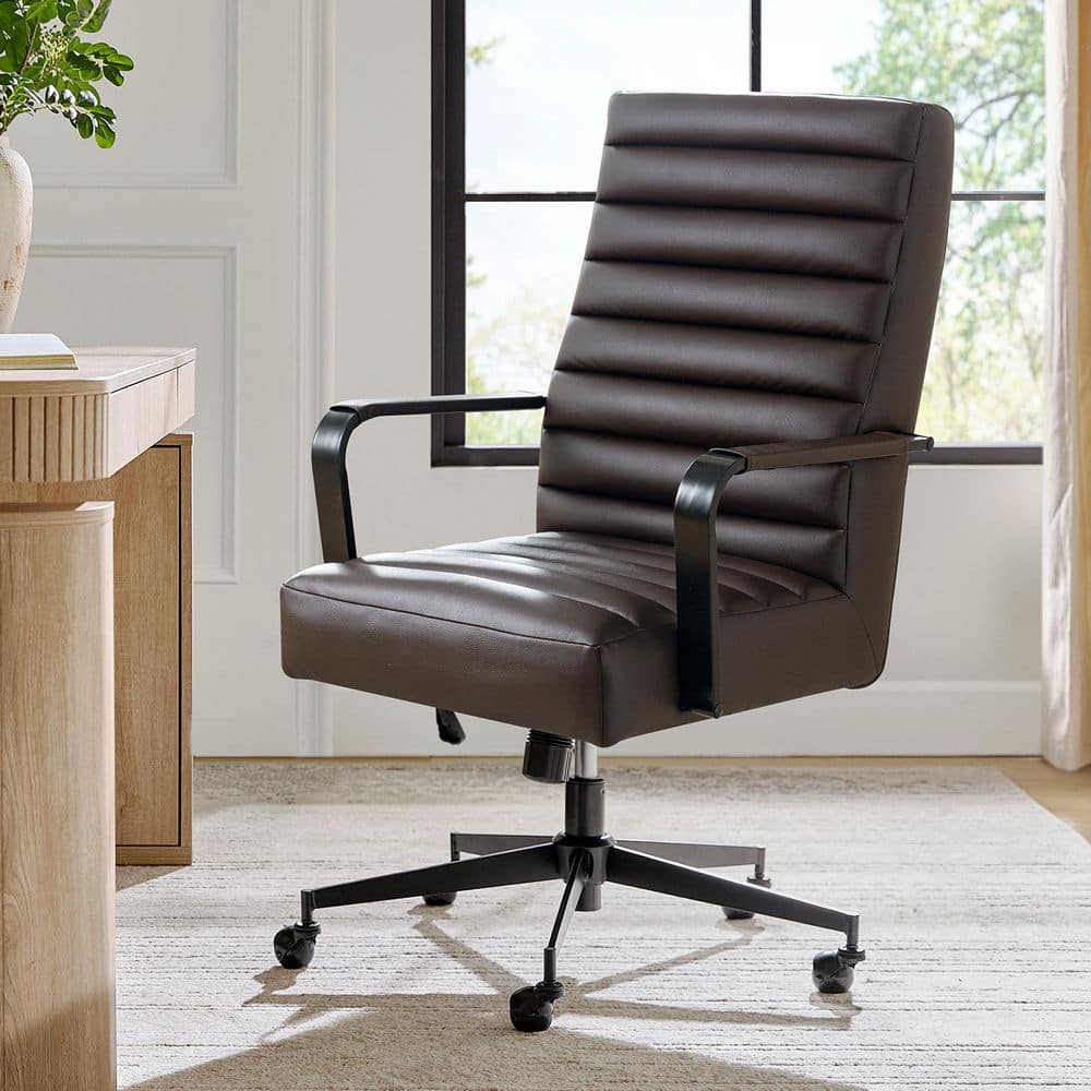 Maureen Mid-Century Modern Faux Leather Swivel Executive Chair in Brown