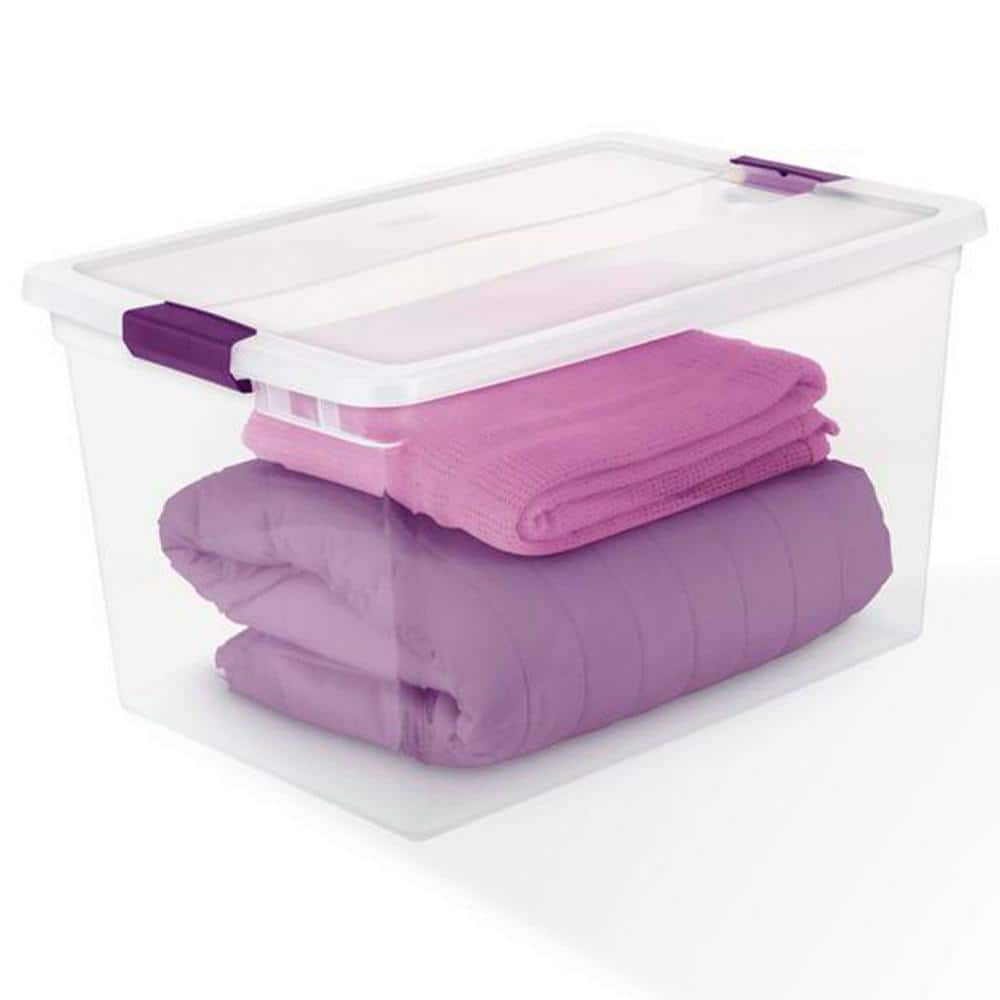 Clear Plastic Stackable Lidded Underbed Storage Boxes, 66 Quart, 6 Pack