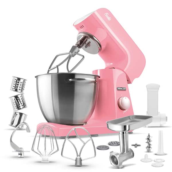 Sencor 4.75 Qt. 8-Speed Pastel Red Stand Mixer with Beater, Whisk, Food Grinder and Dough Hook Attachments