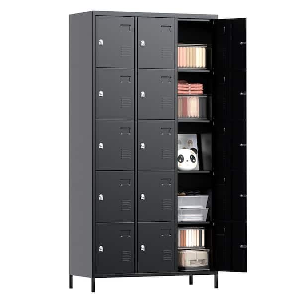 35.5 in. W x 72 in. H x 16 in. D Freestanding Cabinets with 15-Doors, Locker, Wardrobe for School, Home, Gym in Black