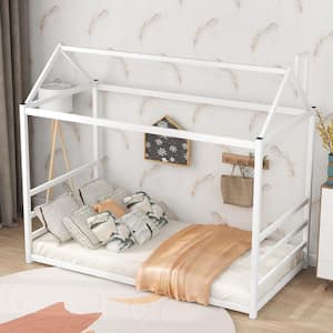 White Metal Twin Size House Platform Bed with Roof and Chimney Design