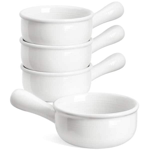 15 oz. Ceramic French Onion Soup Bowl with Handle for Chili, Beef Stew, Oven Microwave Dishwasher Safe, White (Set of 4)