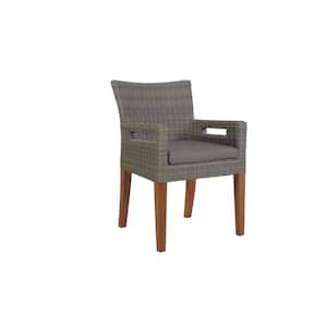 Brown-Grey Removable Cushions Wicker and Eucalyptus Outdoor Dining Chair with Olefin Cushion (2-Pack)
