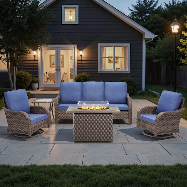 Rainf 5-Piece Brown Wicker Patio Conversation Set with 50,000 BTU Fire Pit Table and Swivel Chairs with Blue Cushions
