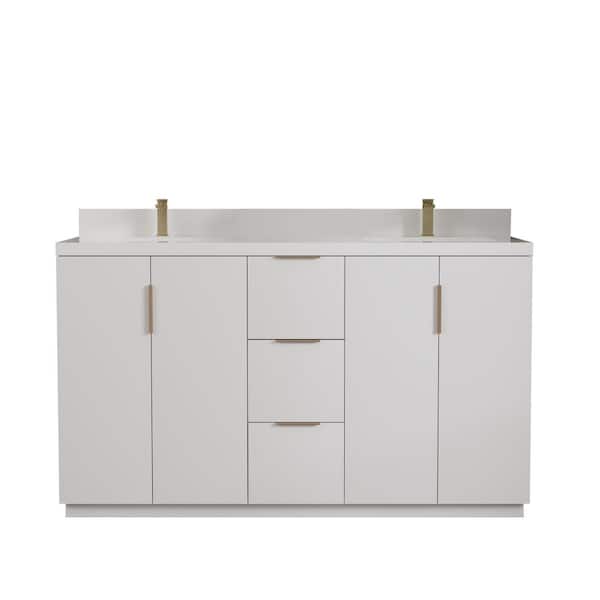 Bergen 63in. Double Sink, White Bath Vanity with White Engineered Stone Top.