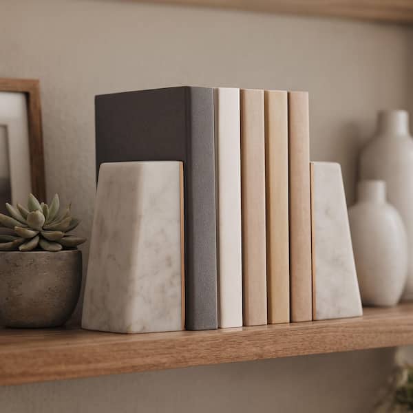 White/Gold Trim Slanted Marble Bookends (Set of 2)