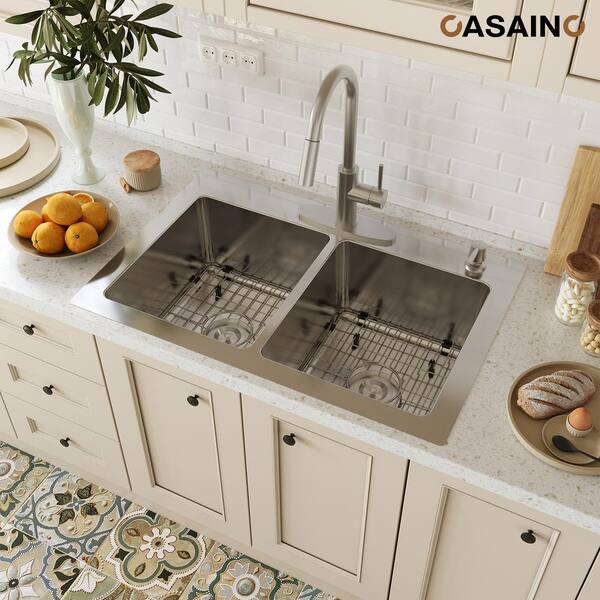 CASAINC 33 in. Drop-In Double Bowl 18 Gauge Stainless Steel