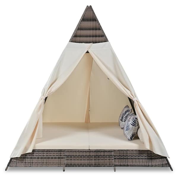 90.5 in. L Wicker Brown Tent Shape Patio Sunbed, Outdoor Day Bed with Colorful Pillows, Beige Cushions