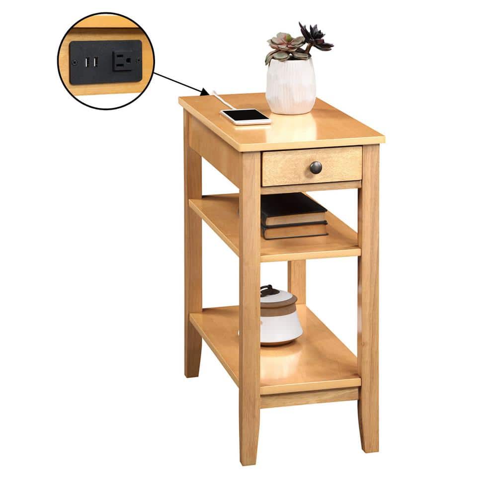 Natural Rubberwood End Table with Charging Station and Shelves
