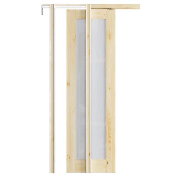ARK DESIGN 24 in. x 80 in. 1-Lite Frosted Glass Solid Core Pine Wood Unfinished Pocket Sliding Door with Pocket Door Hardware