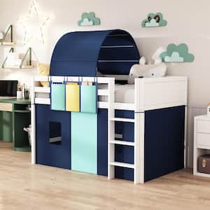 Blue Wood Frame Twin Size Loft Bed with Tent, 3 Storage Pockets