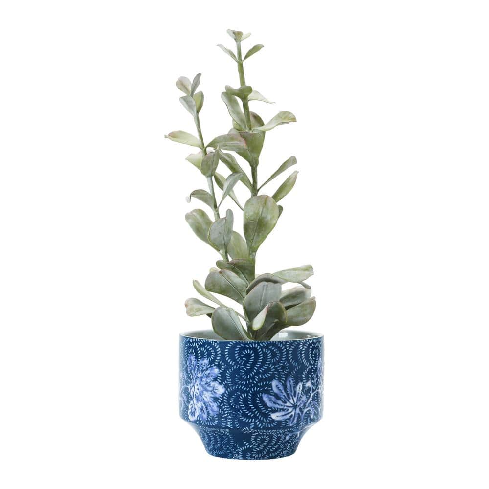 Blue and White Floral Stoneware Planter for 4" Pots