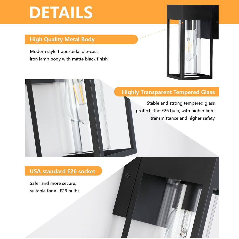 9-Inch Black Modern Outdoor Wall Lantern Sconce with Clear Glass, 2-Pack