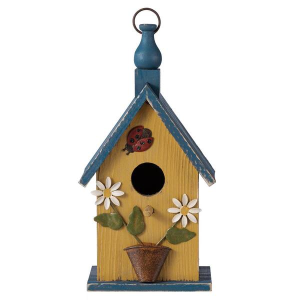 Glitzhome 12.25 in. H Washed Yellow Distressed Solid Wood Cottage