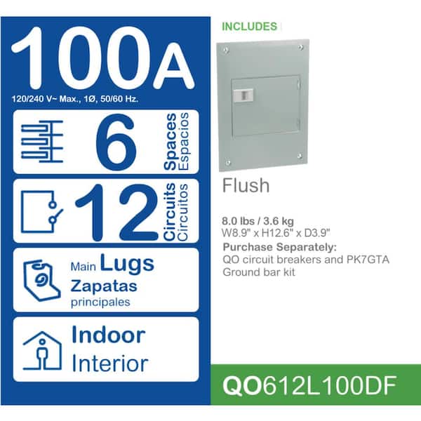 QO 100 Amp 6-Space 12-Circuit Indoor Flush Mount Main Lug Load Center with Cover, Door