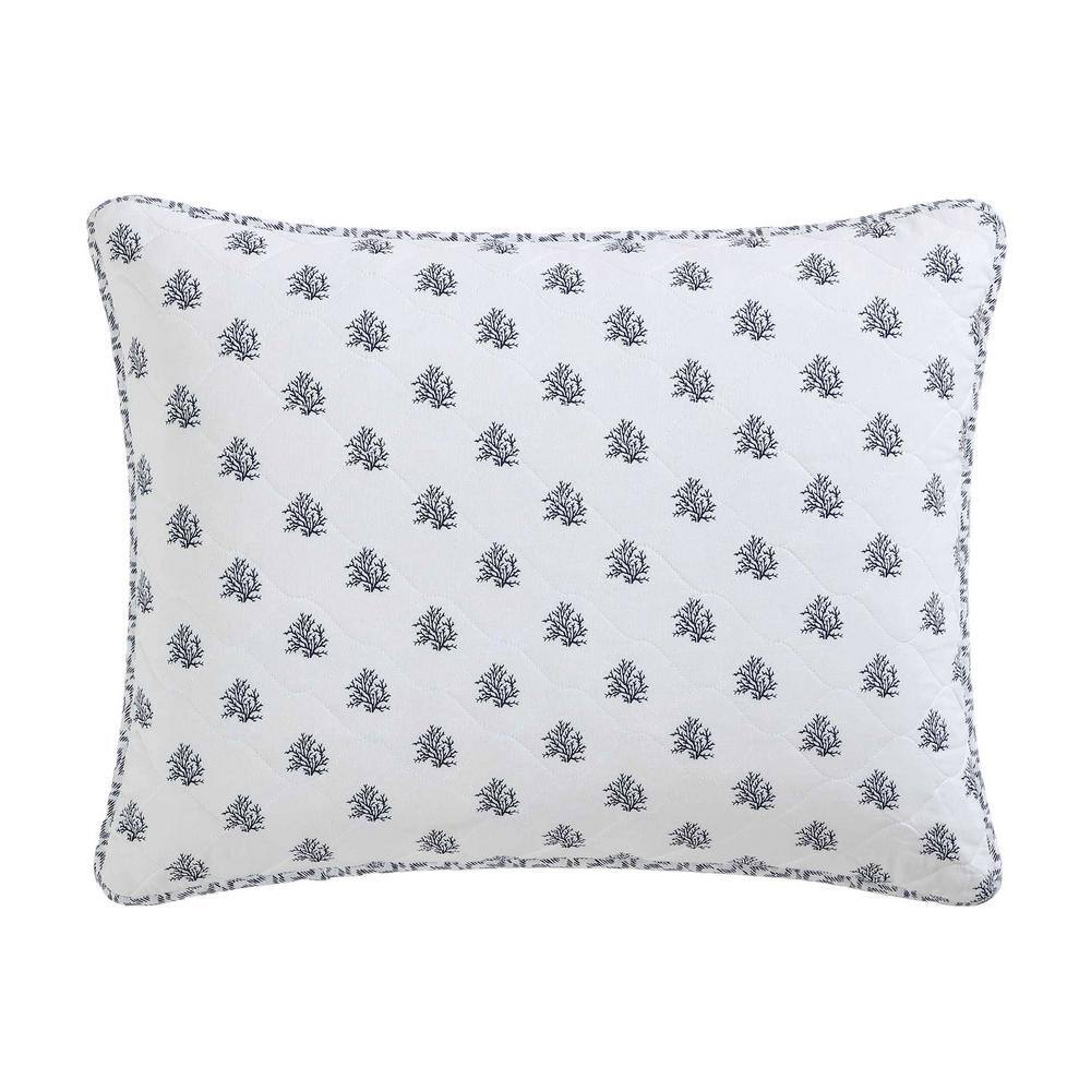 Twin Blue Cotton Reversible Quilt Set with Coral Motifs