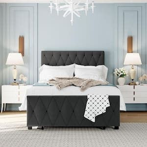 Twin Size Gray Steel Platform Bed with A Big Drawer, Upholstered Platform Bed with Tufted Headboard and Footboard