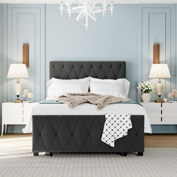 ANBAZAR Twin Size Gray Steel Platform Bed with A Big Drawer, Upholstered Platform Bed with Tufted Headboard and Footboard