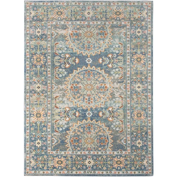 Bohemian 2x3 Area Rug Blue Polypropylene Rectangle Low Pile Bordered Pattern Rugs for Living Room Dining Room Bedroom