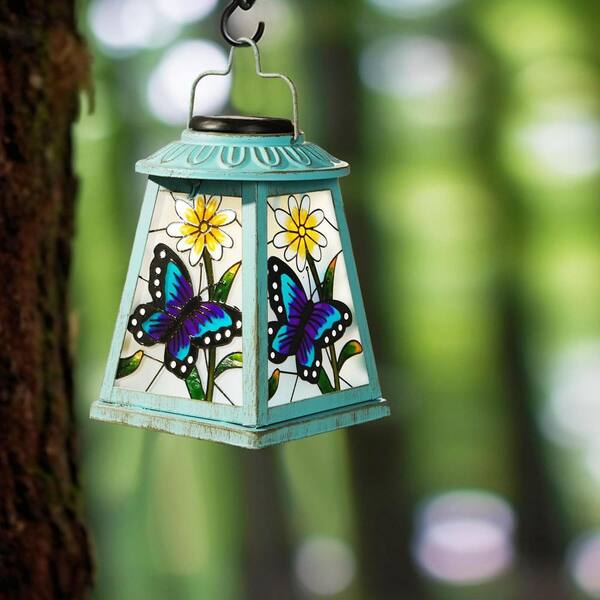 5 in. x 7 in. Green Metal Butterfly Solar Lantern Garden Statue