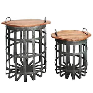 Industrial Grid Galvanized 20.5 in. H Gray and Brown Accent End Table with Round Lid and Handles (Set of 2)
