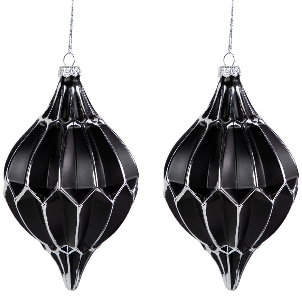 Northlight 5 in. Matte Black and Silver Finial Christmas Glass Ornaments (Set of 2)