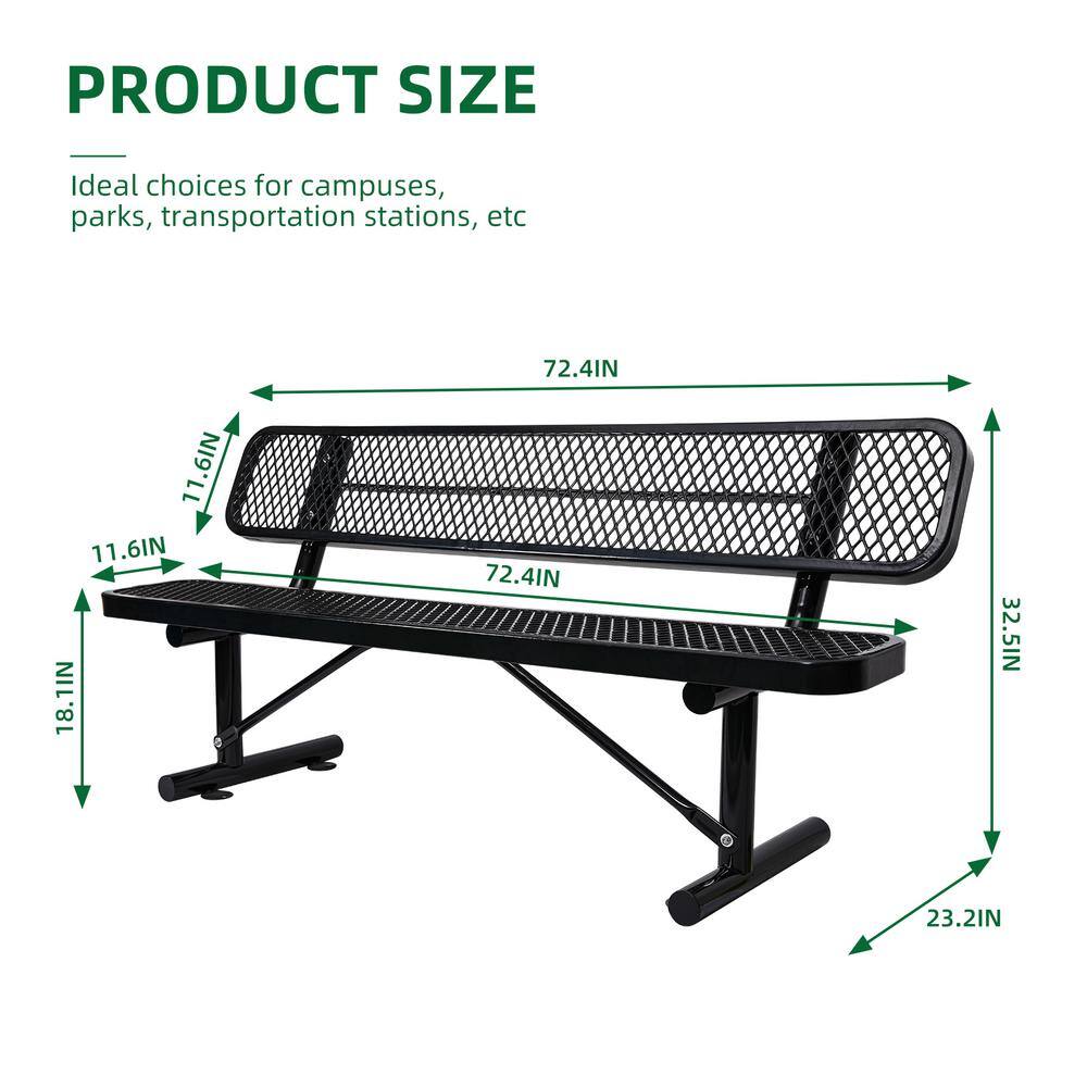 72'' Black Steel Outdoor Bench with Mesh Backrest