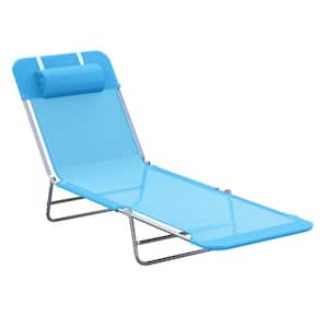 Blue Foldable Steel Outdoor Lounge Chair with Pillow and Adjustable Backrest