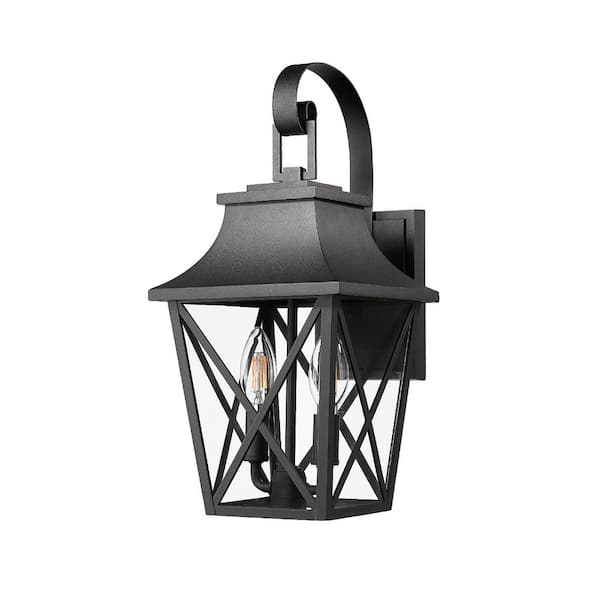 ExBrite Black Outdoor Wall Lantern 2-Light, Large Outside Modern Wall Sconce Light Fixture with Clear Glas
