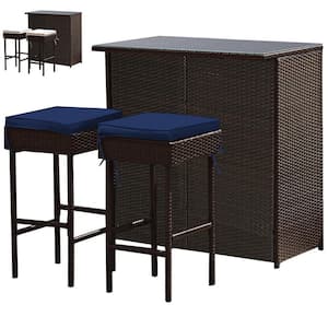 3 Piece Rattan Wicker Patio Outdoor Serving Bar Table & Stool Set Dining Set with Navy & Off white Cushion