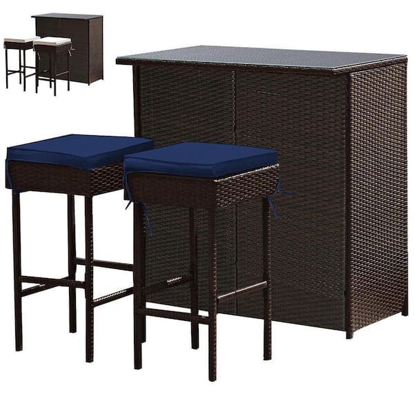 Gymax 3 Piece Rattan Wicker Patio Outdoor Serving Bar Table & Stool Set Dining Set with Navy & Off white Cushion