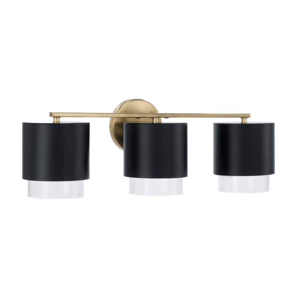 Weller 24.25 in. W x 8.25 in. H 3-Light Matte Black with Matte Brass Interior Metal Vanity Light with Seeded Glass price history on PriceWatchPro