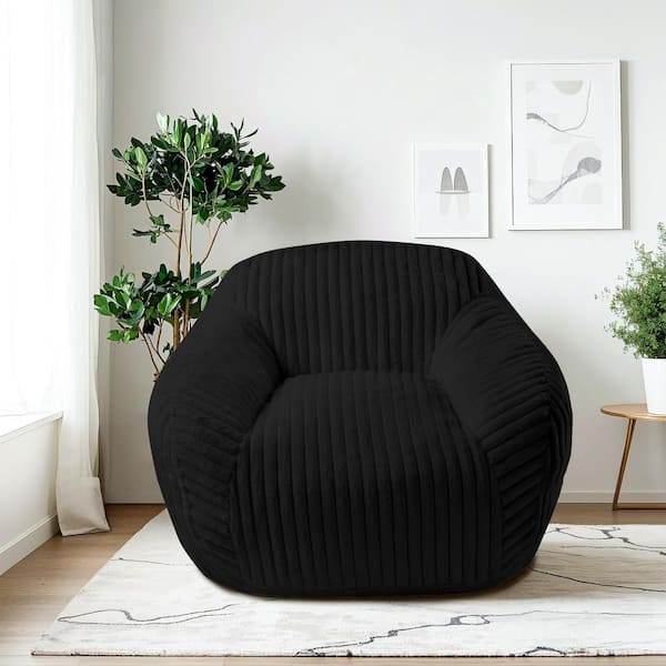 Oversized Black Fabric Faux Rabbit Fur Accent Chair Comfy Bean Bag Chair with Wide Armrests